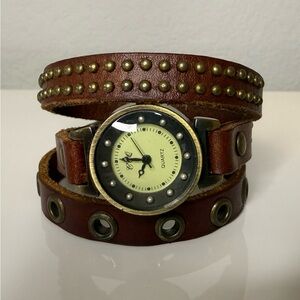 Brown Studded Wrap Leather Watch Bracelet